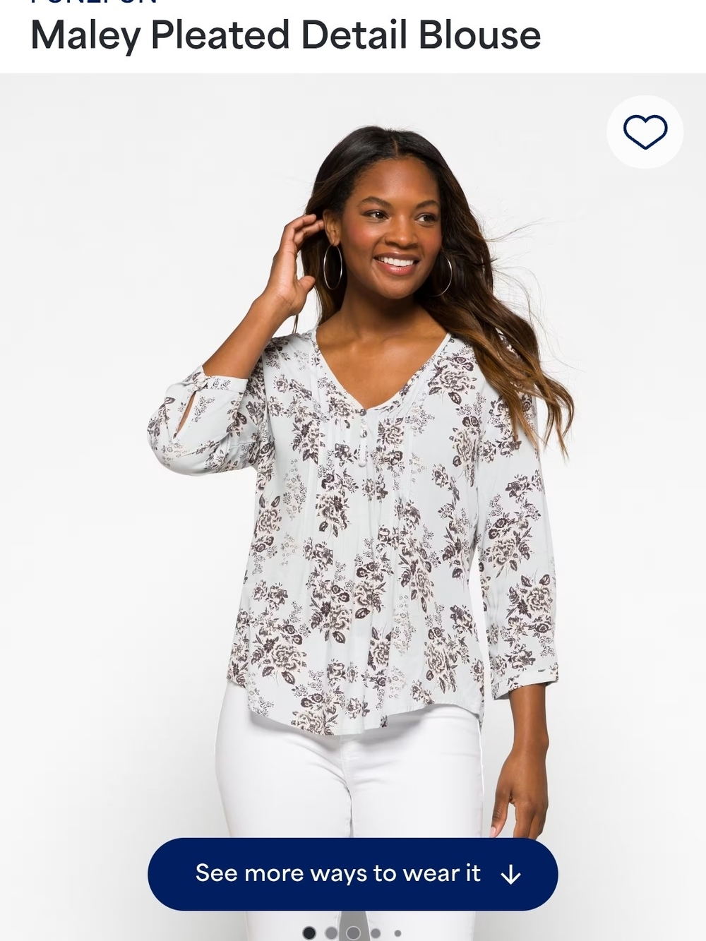 Pleated Floral V-Neck Blouse - White with Brown Print